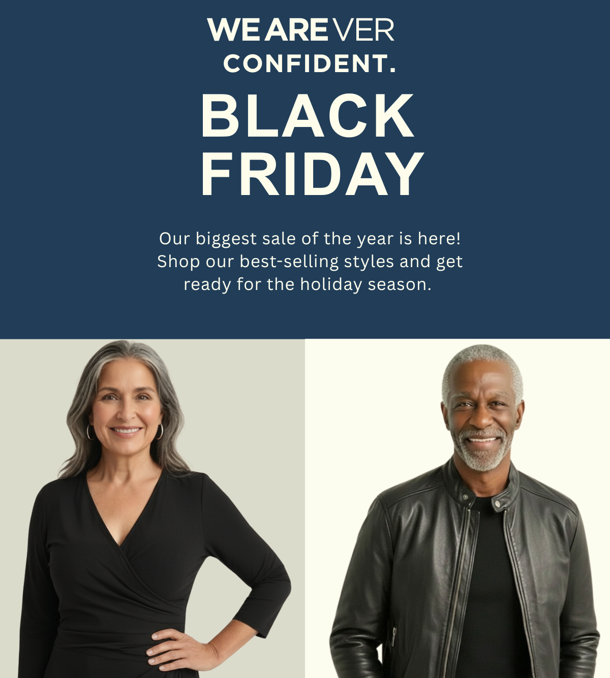 Advertisement for a Black Friday sale featuring two people against a white background. Biggest sale of the year.