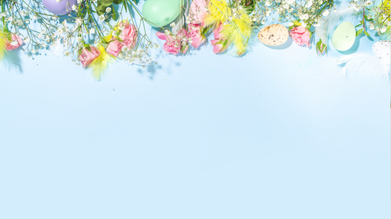 Pastel-colored flowers and Easter eggs on a light blue background